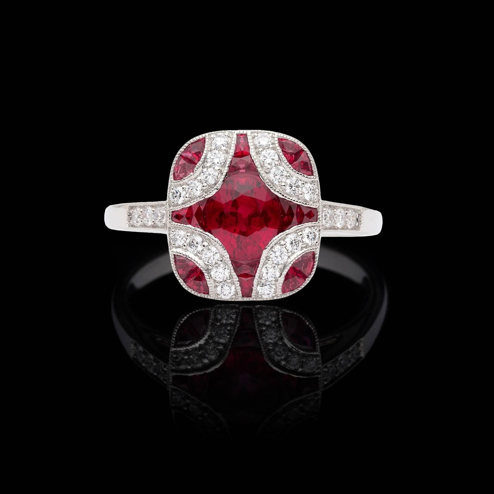 Art deco design and beautifully crafted, this platinum ring is reminiscent of an earlier era. Set with oval and calibre-cut rubies totaling 1.20 carats, and highlighted with sparkling round brilliant-cut diamonds, the ring is eye-catching and