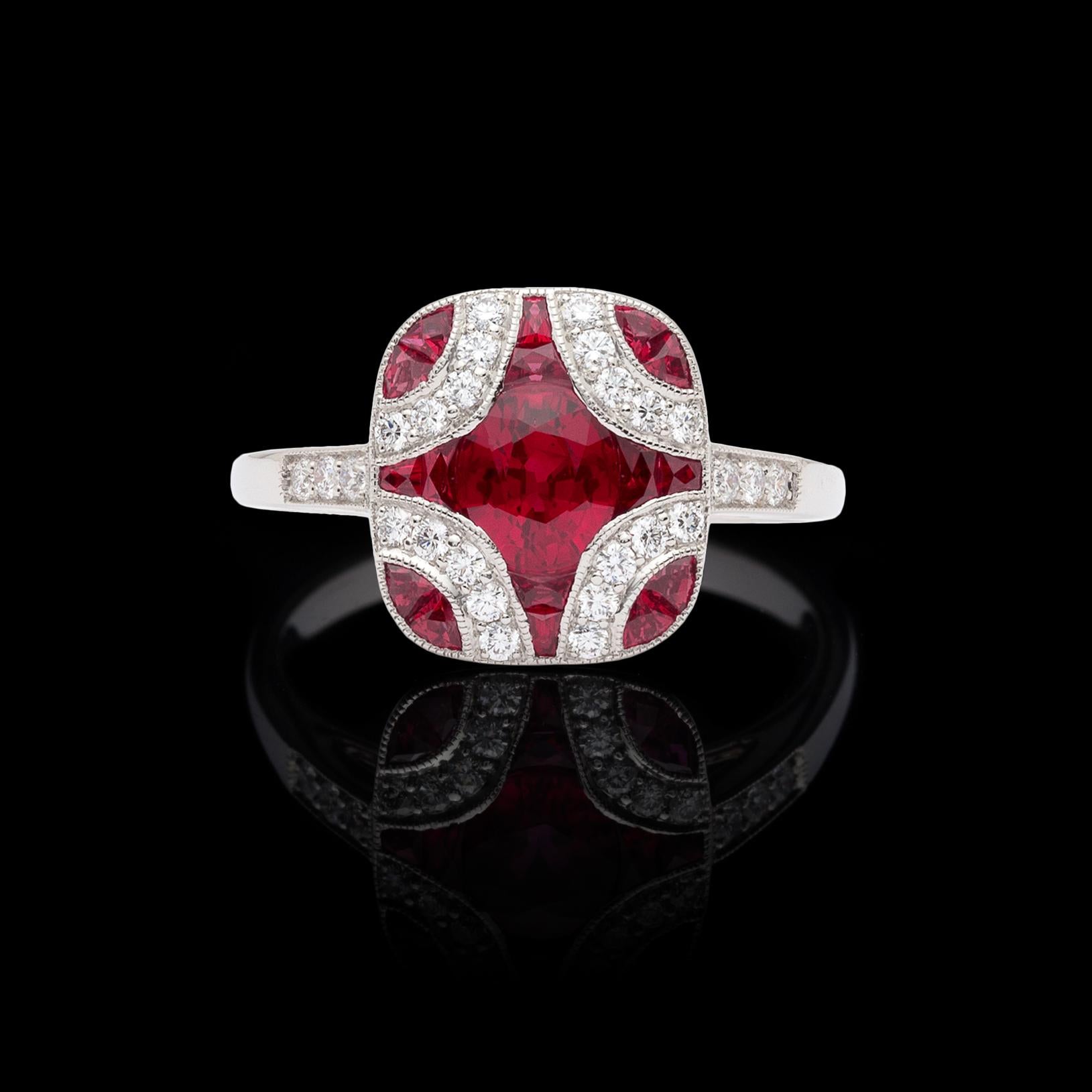 Round Cut Art Deco Style Ruby and Diamond Platinum Ring