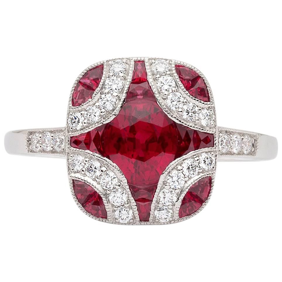 Art Deco Style Ruby and Diamond Platinum Ring