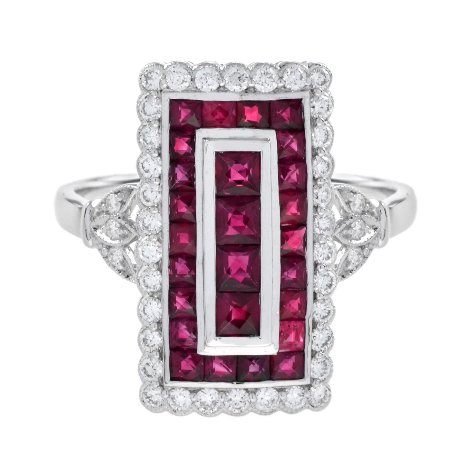 For Sale:  Art Deco Style Ruby and Diamond Rectangle Shape Cocktail Ring in 18K White Gold 3