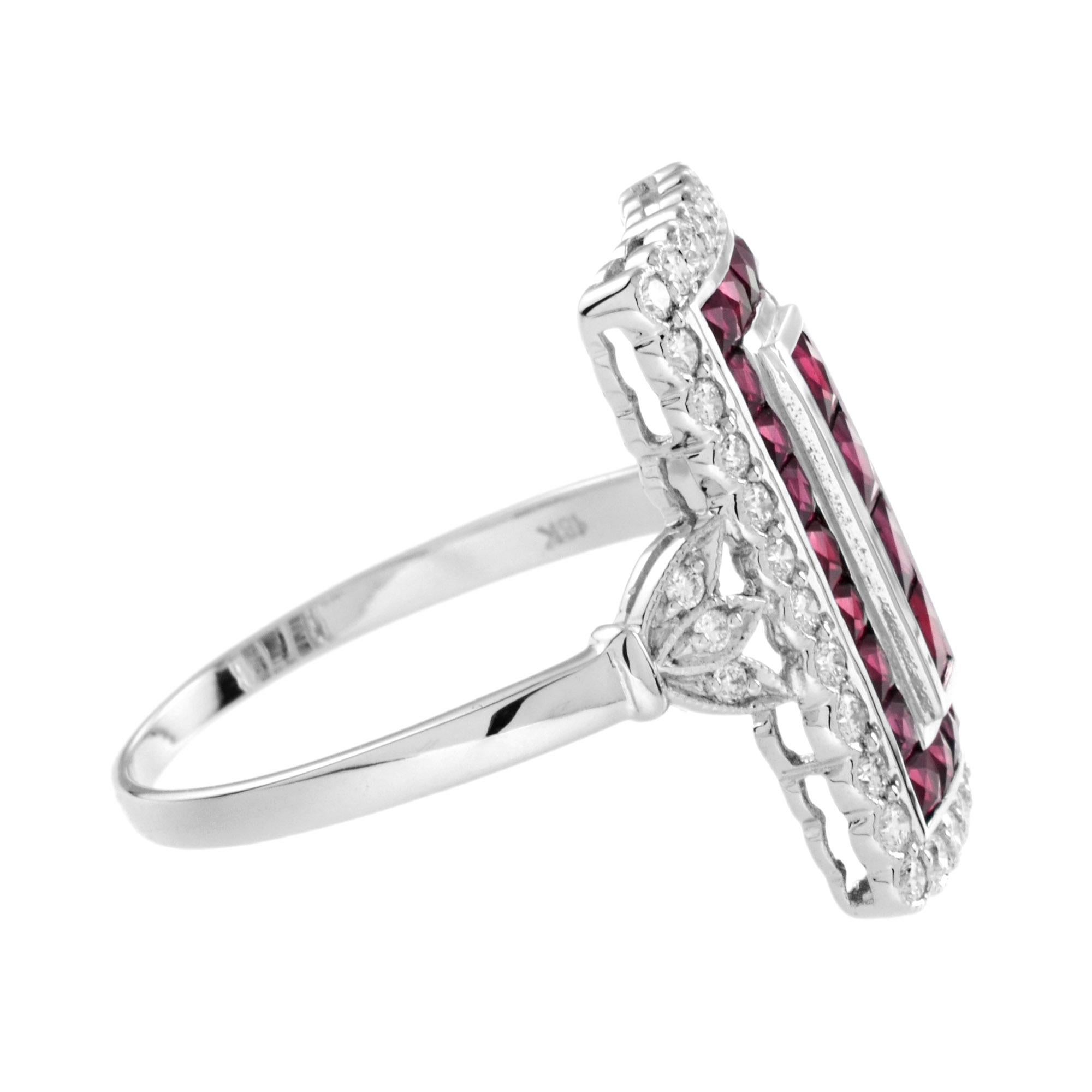 For Sale:  Art Deco Style Ruby and Diamond Rectangle Shape Cocktail Ring in 18K White Gold 4
