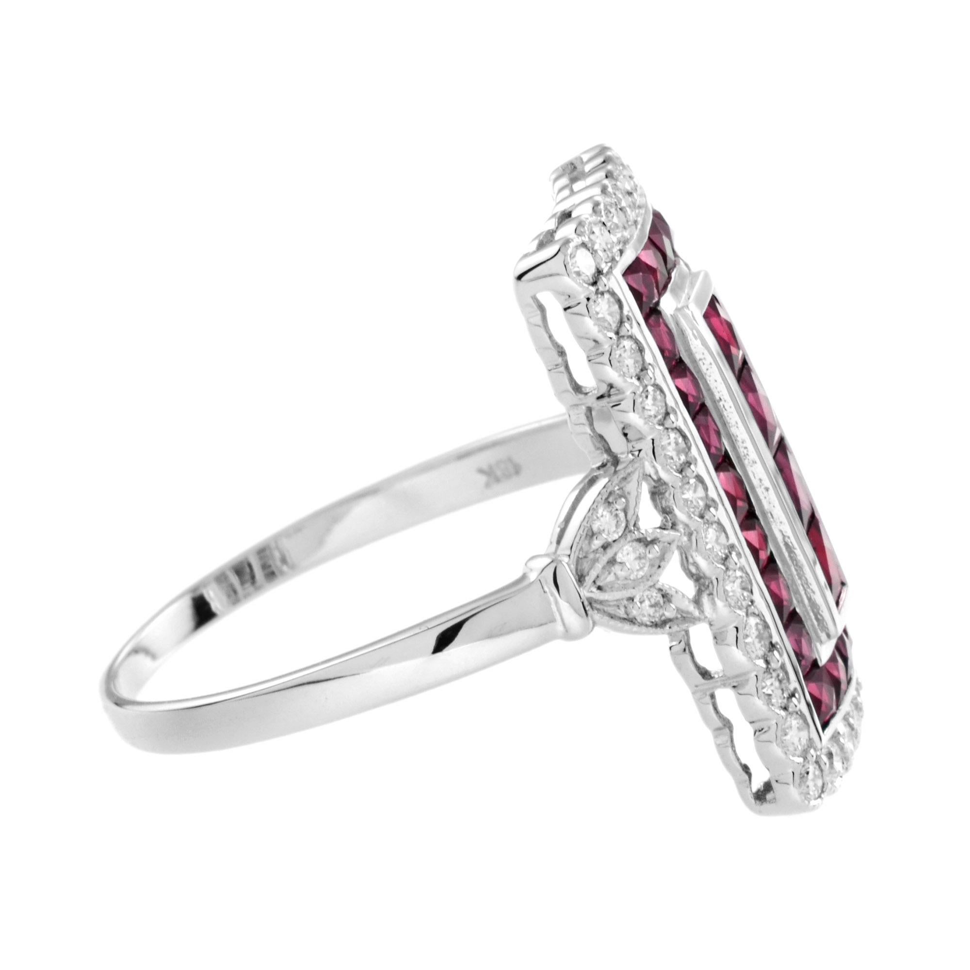 Rechteckiger Cocktailring aus 18 Karat Weißgold mit Rubin und Diamant im Art-déco-Stil () 4
