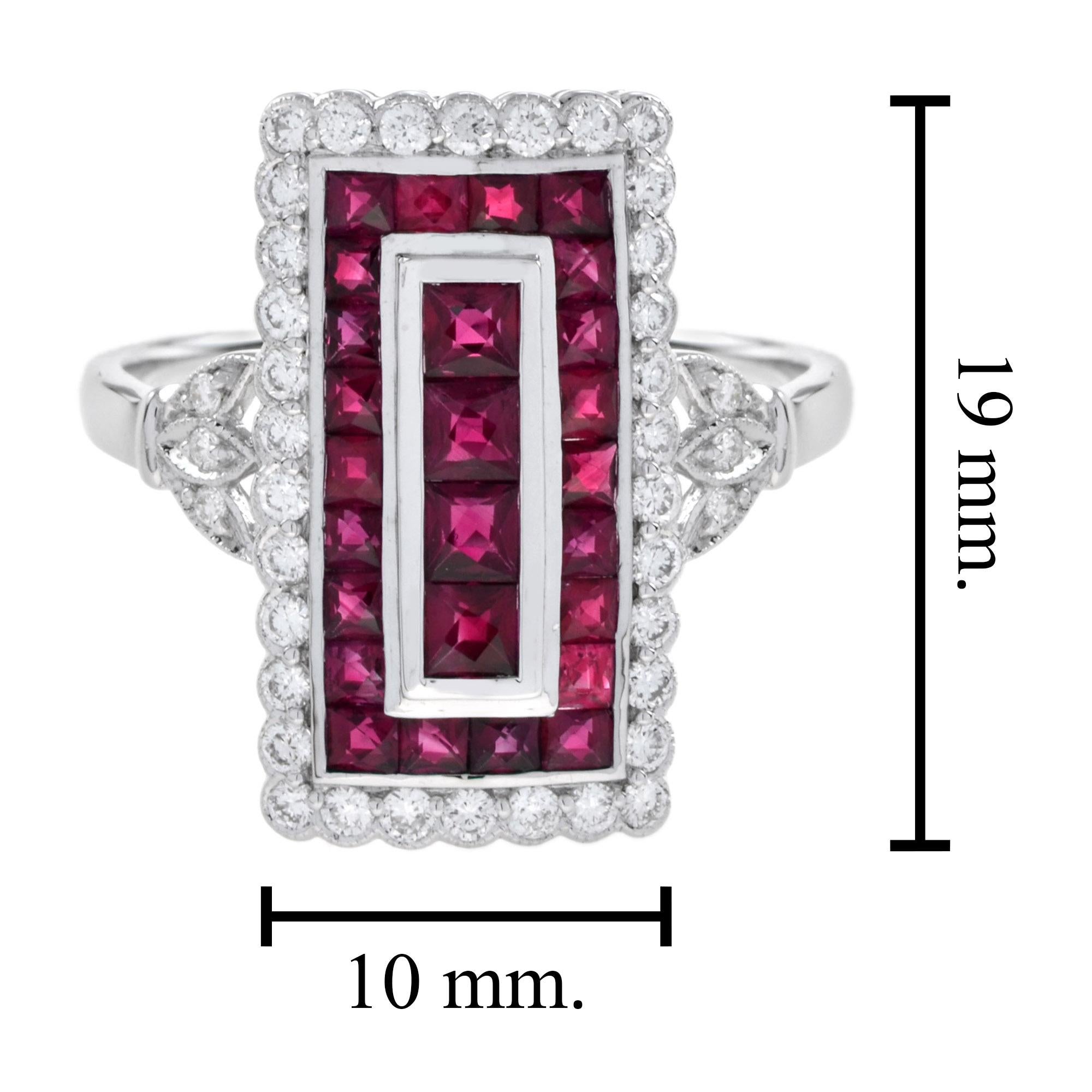 For Sale:  Art Deco Style Ruby and Diamond Rectangle Shape Cocktail Ring in 18K White Gold 7