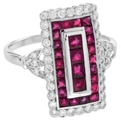 Bague cocktail de style Art déco en or blanc 18 carats avec rubis et diamants de forme rectangulaire