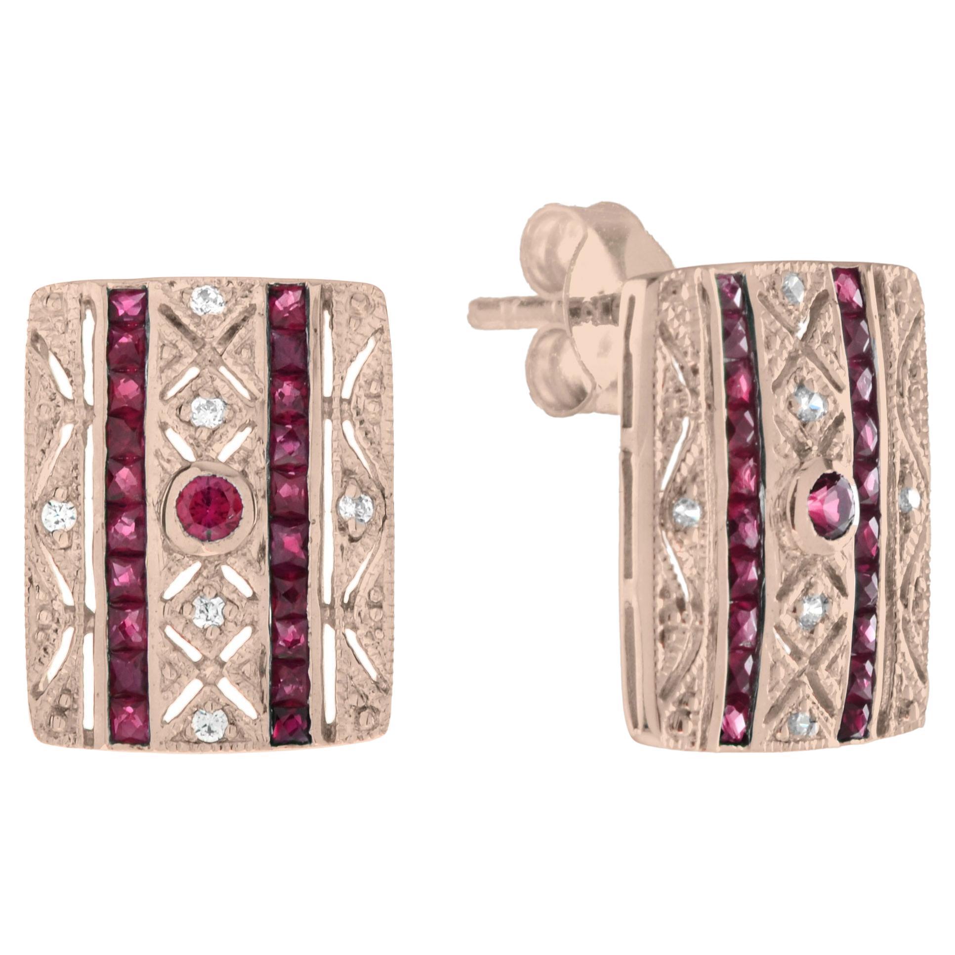 Art Deco Style Ruby and Diamond Square Stud Earrings in 14K Rose Gold For Sale