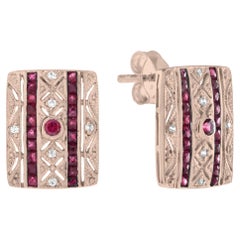 Art Deco Style Ruby and Diamond Square Stud Earrings in 14K Rose Gold