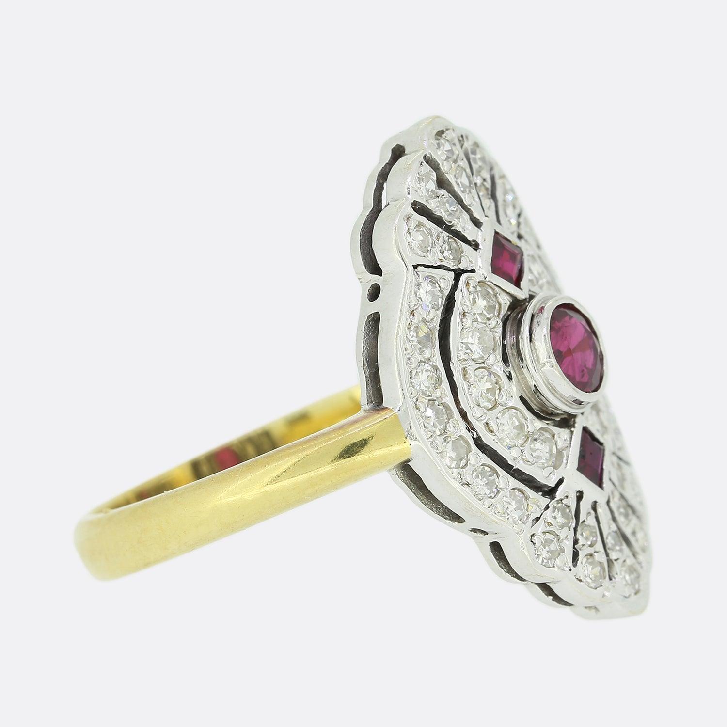 Round Cut Art Deco Style Ruby and Diamond Tablet Ring For Sale