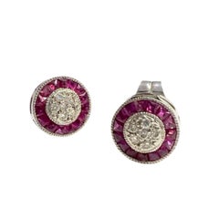 Art Deco Style  Ruby and 0.10 ct Diamond White 18 kt gold Earrings