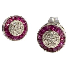 Vintage Art Deco Style  Ruby and Diamond White gold kts Earrings