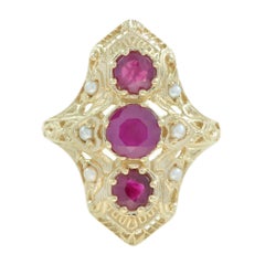 Art Deco Style Ruby and Pearl Three Stone Filigree Ring in 14K Yellow Gold