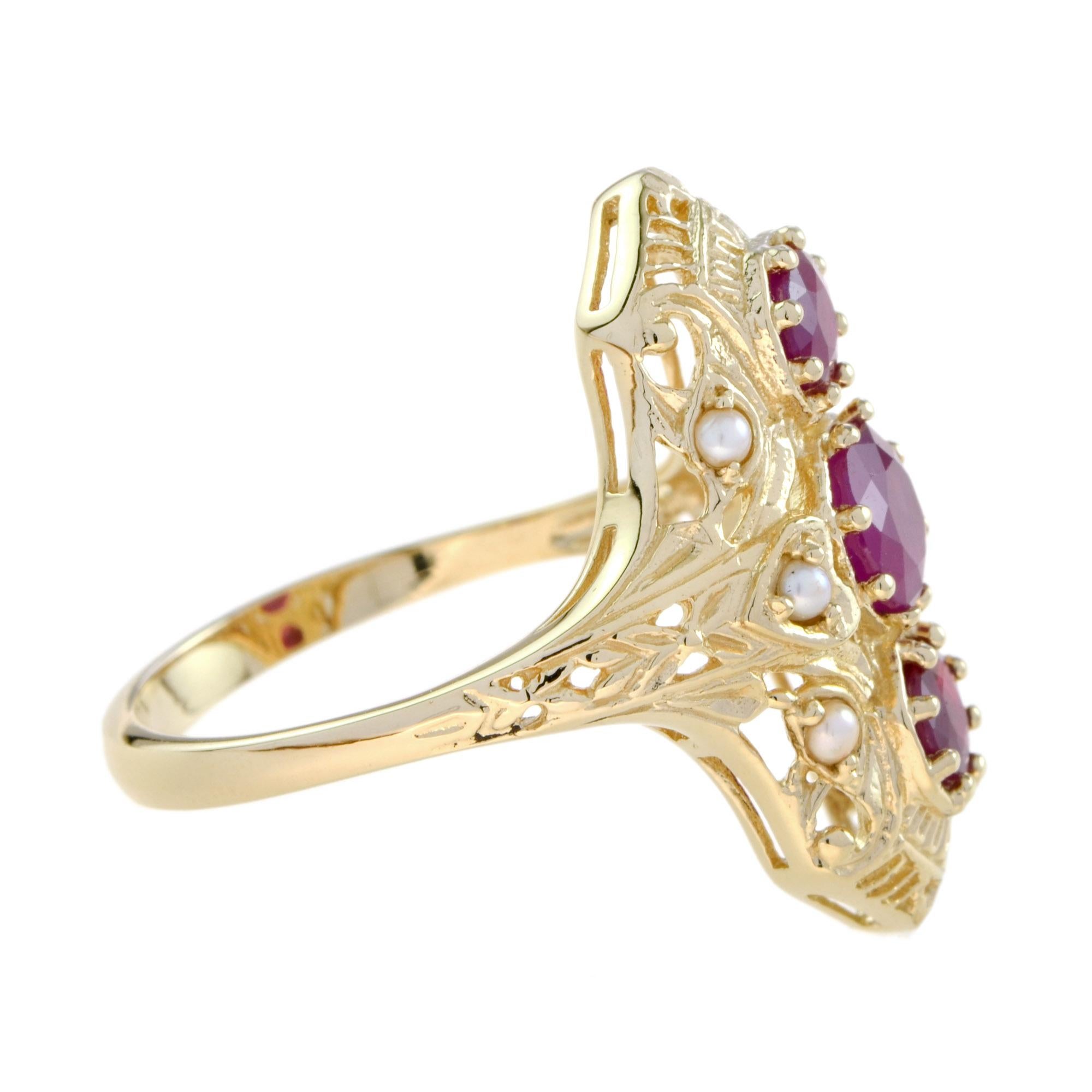 Filigraner Ring im Art-Déco-Stil mit Rubin und Perle aus 14 Karat Gelbgold (Art déco)