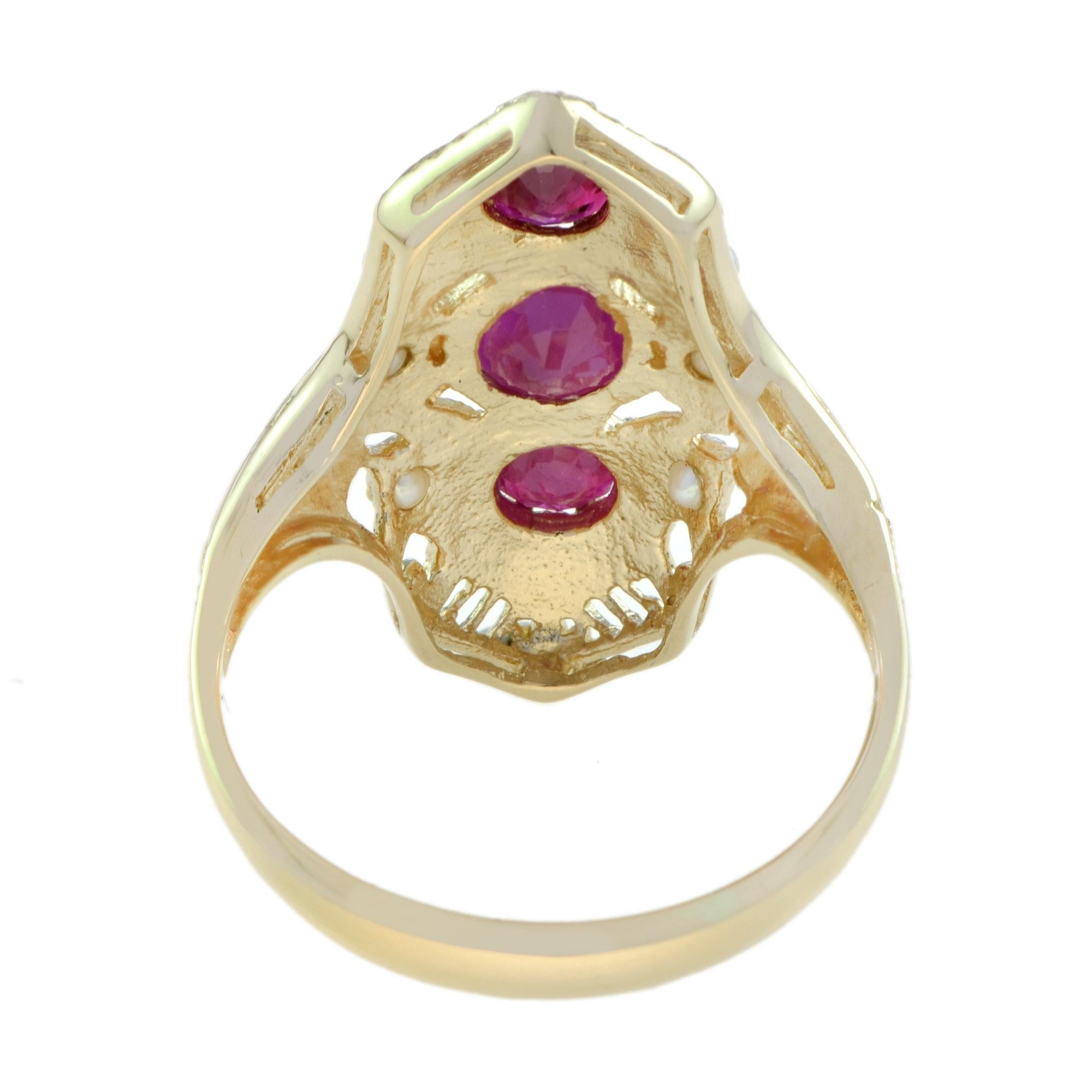 Filigraner Ring im Art-Déco-Stil mit Rubin und Perle aus 14 Karat Gelbgold (Rundschliff)