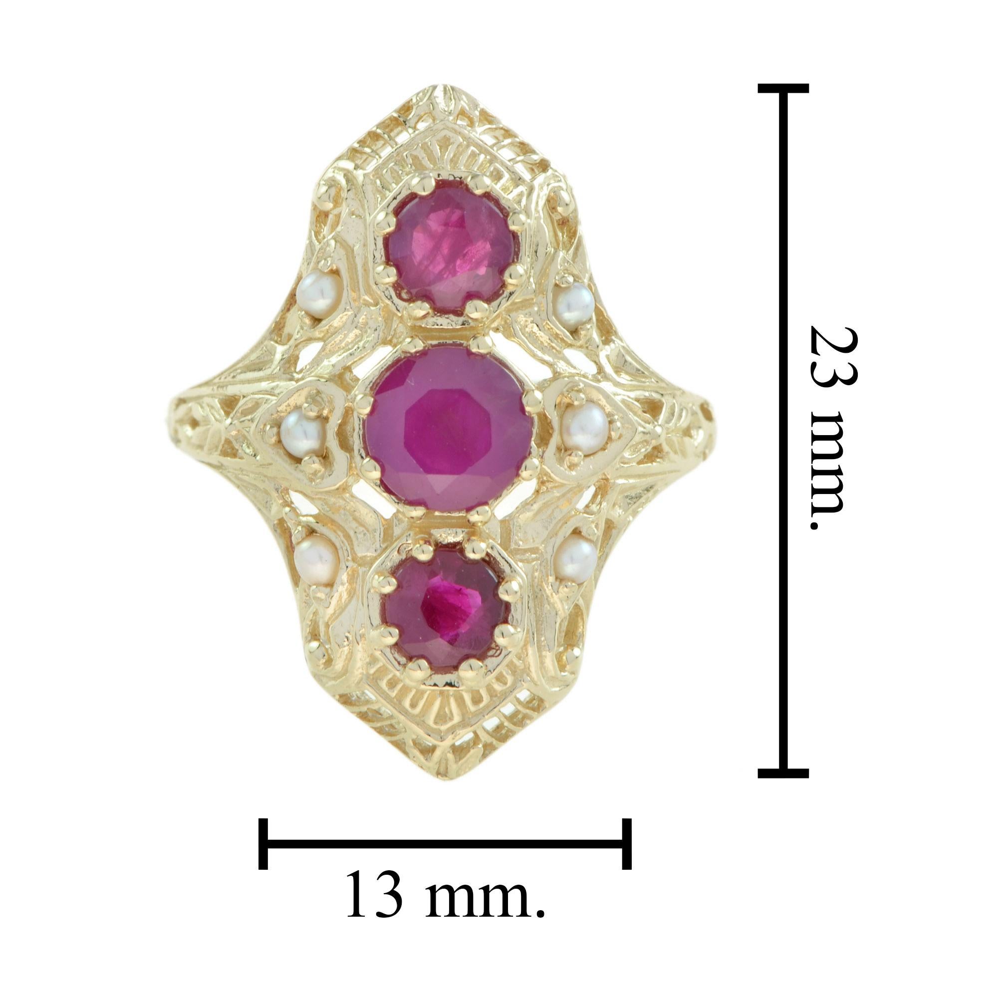 Filigraner Ring im Art-Déco-Stil mit Rubin und Perle aus 14 Karat Gelbgold für Damen oder Herren