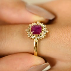 Art Deco Style Ruby & Baguette Halo Diamonds Cluster Ring in 14k Yellow Gold