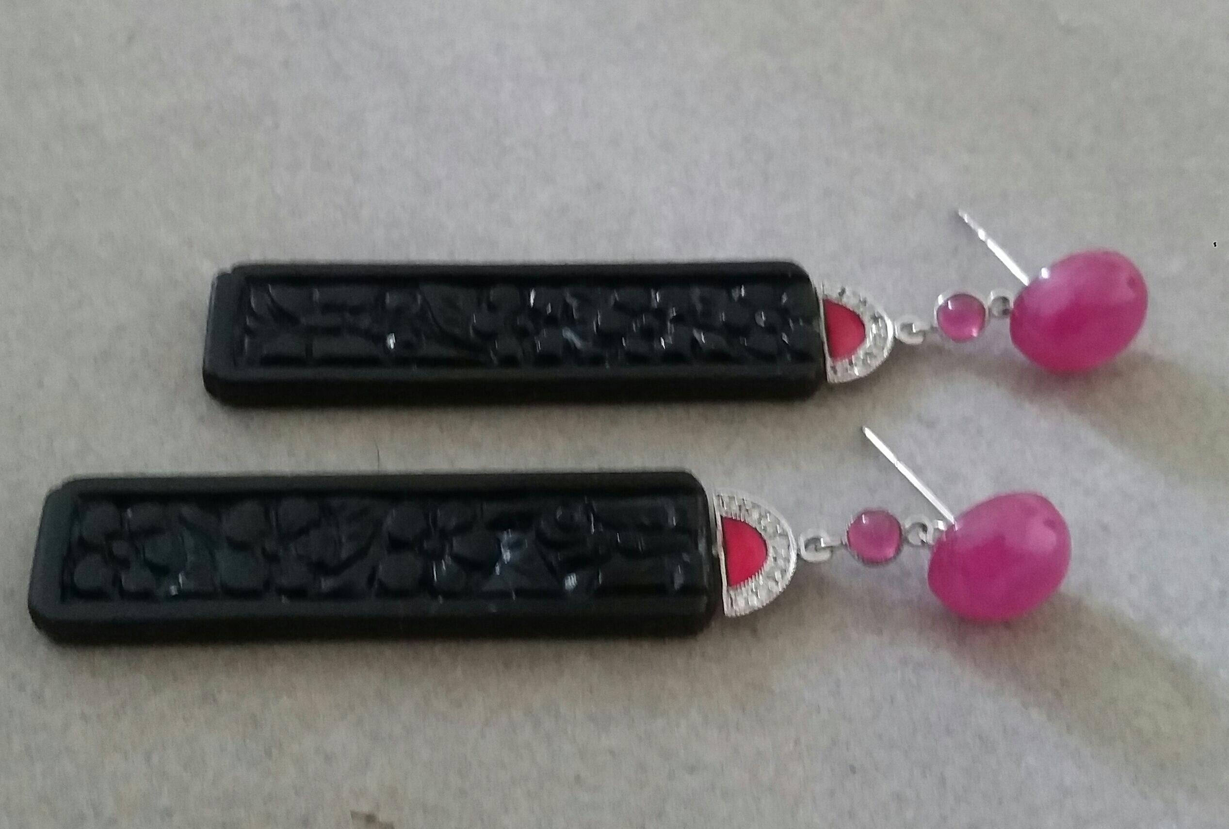 Mixed Cut Art Deco Style Ruby Cab Gold Diamonds Red Enamel Carved Black Onyx Bar Earrings