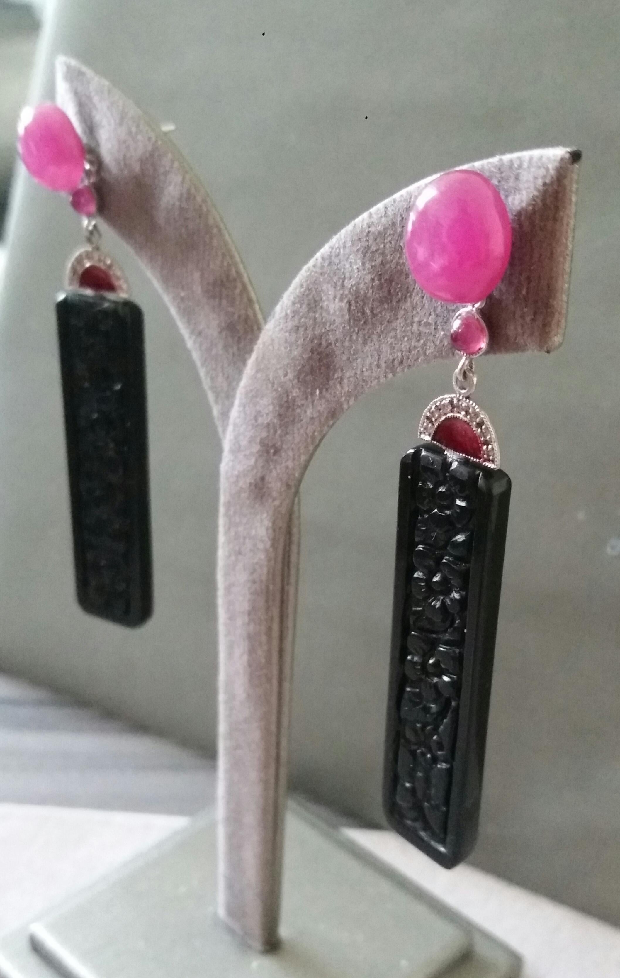 Art Deco Style Ruby Cab Gold Diamonds Red Enamel Carved Black Onyx Bar Earrings 2