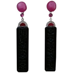 Art Deco Style Ruby Taxi Gold Diamonds Red Enamel Carved Black Onyx Bar Earrings