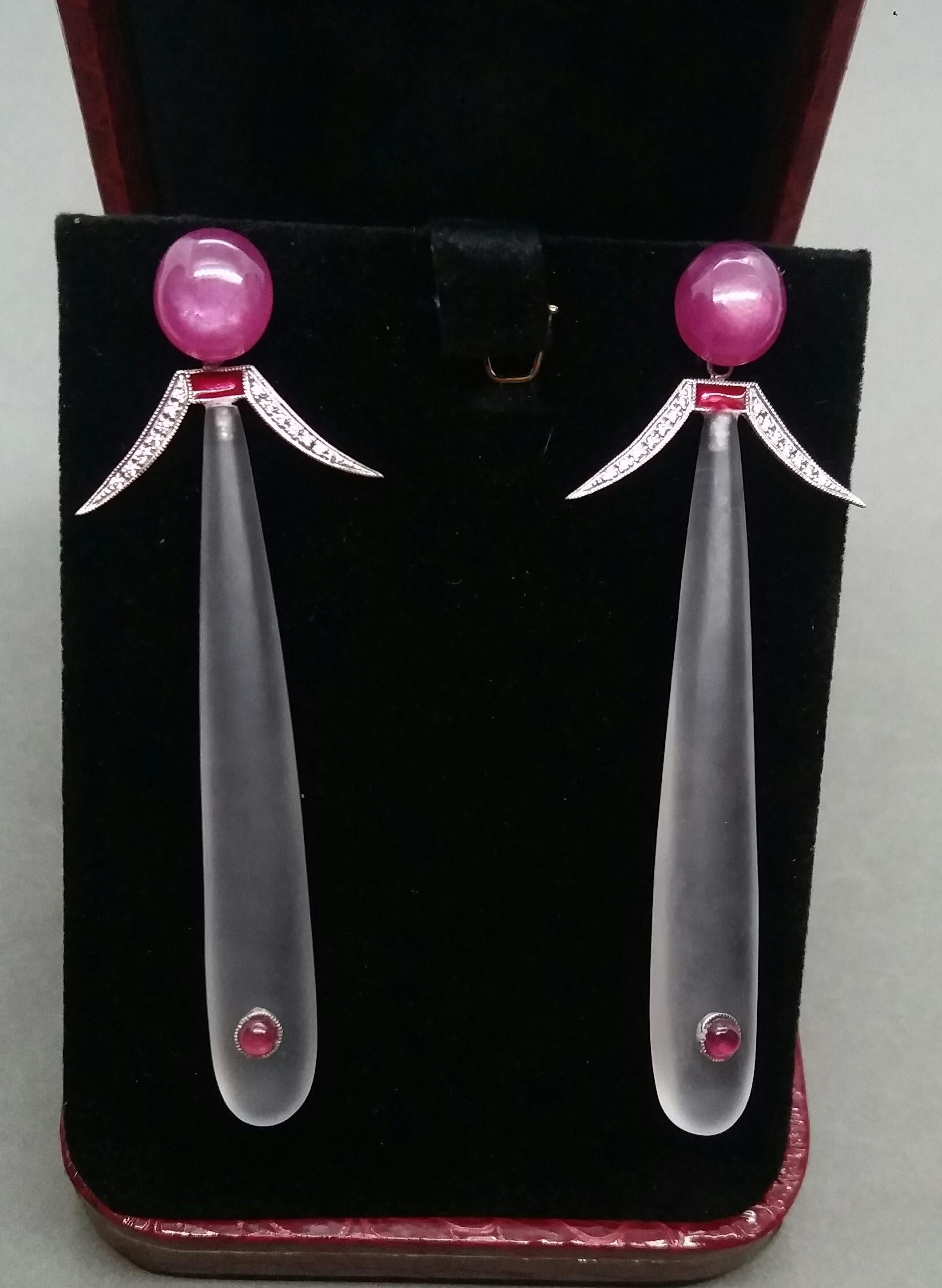 Art Deco Style Ruby Cab Gold Diamonds Red Enamel Rock Crystal Drop Earrings For Sale 5