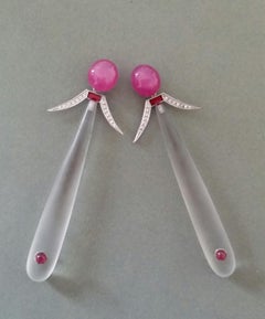 Art Deco Style Ruby Cab Gold Diamonds Red Enamel Rock Crystal Drop Earrings