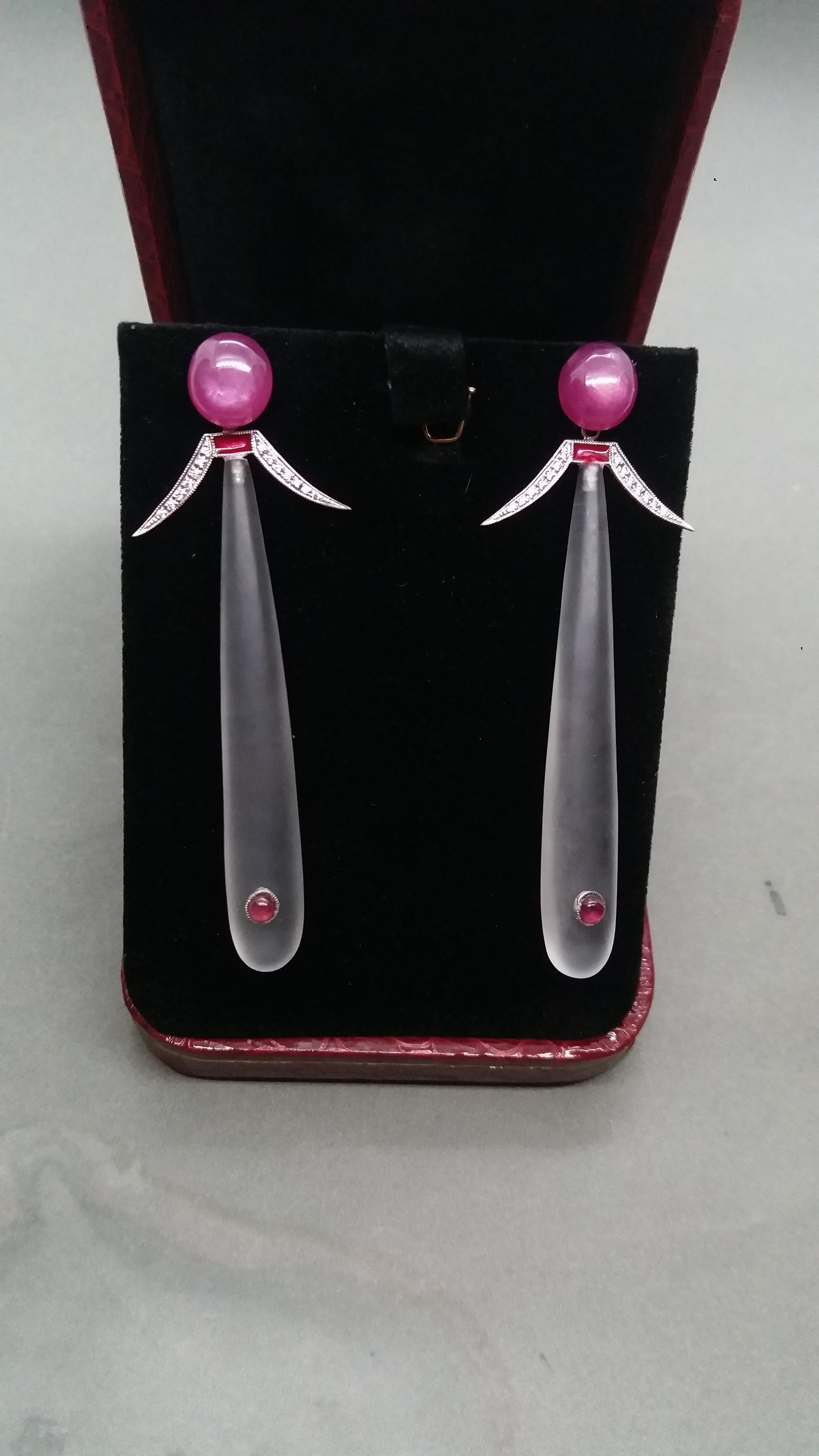 Art Deco Style Ruby Cab Gold Diamonds Red Enamel Rock Crystal Drop Earrings For Sale 4
