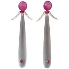 Art Deco Style Ruby Cab Gold Diamonds Red Enamel Rock Crystal Drop Earrings