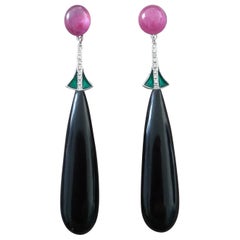 Art Deco Style Ruby Cabochons 14k Gold Diamonds Enamel Black Onyx Drop Earrings