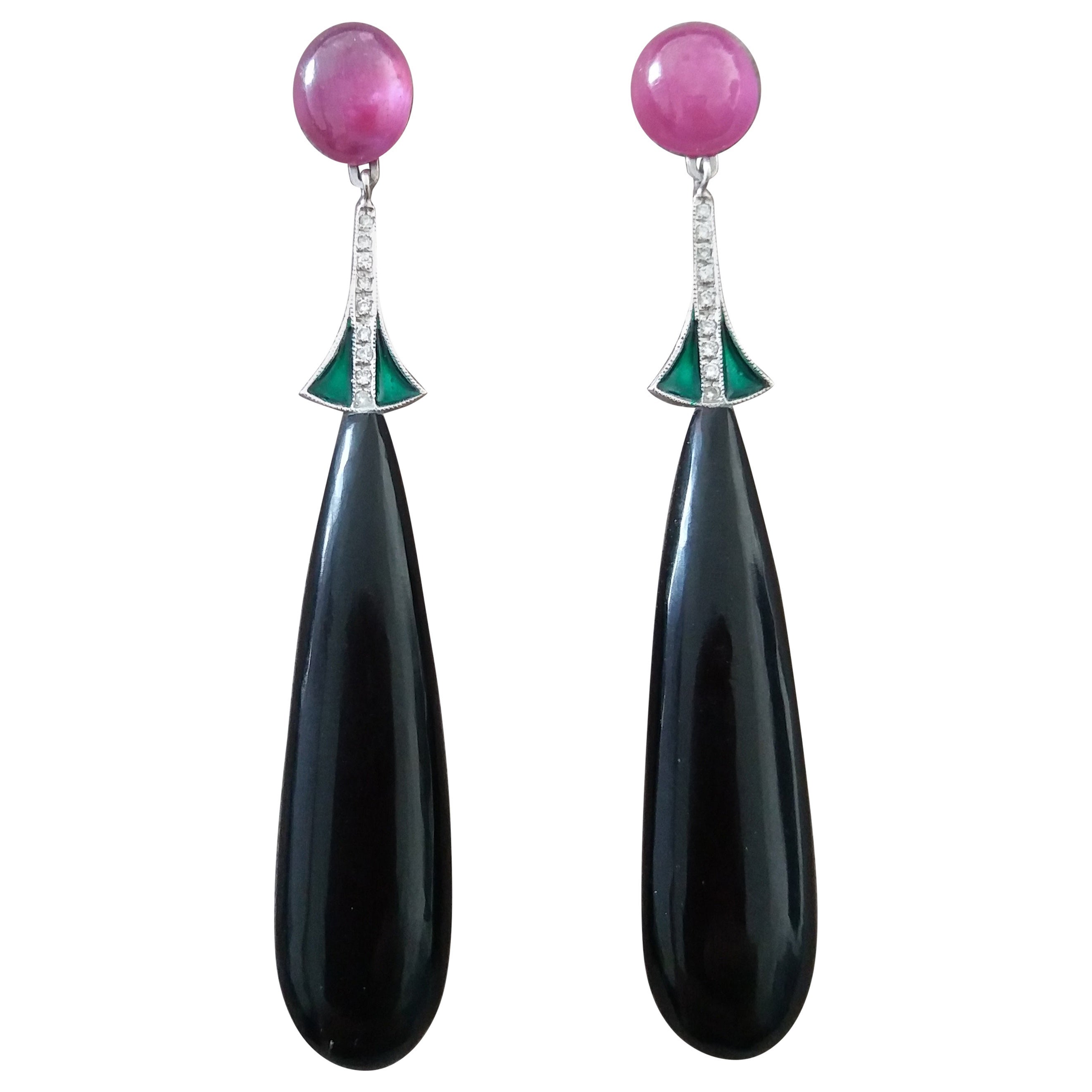 Orecchini a goccia in stile Art Deco con rubino cabochon in oro 14k, diamanti, smalto e onice nera