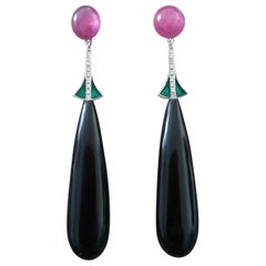 Art Deco Style Ruby Cabochons 14k Gold Diamonds Enamel Black Onyx Drop Earrings