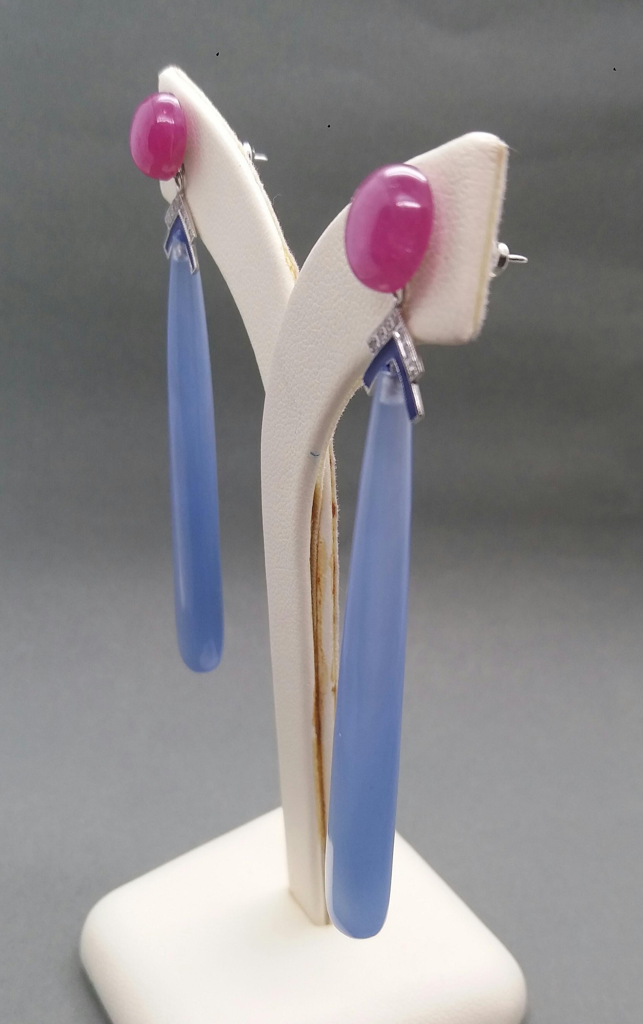 Art Deco Style Ruby Cabochons Gold Diamonds Blue Agate Enamel Drops Earrings For Sale 1