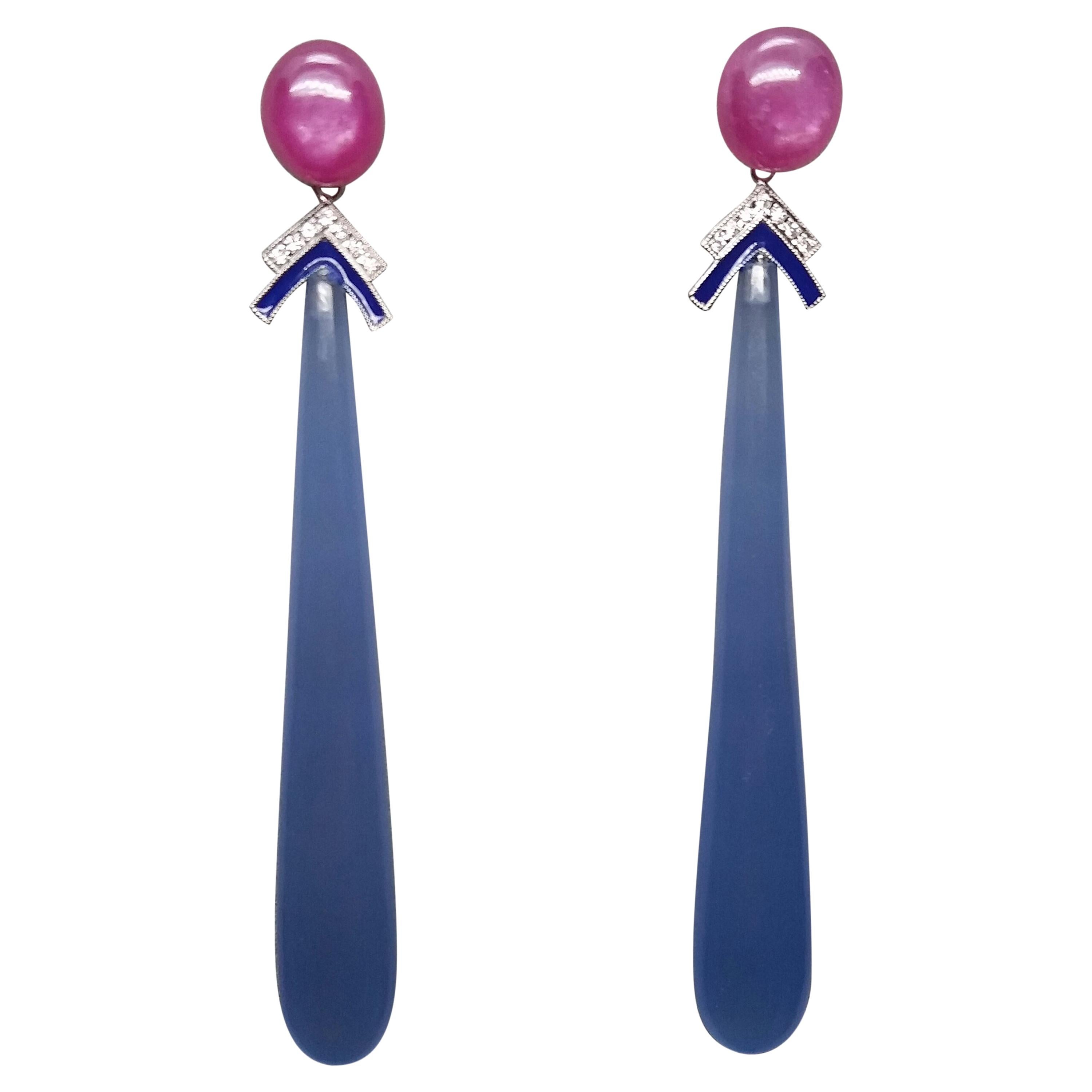 Art Deco Style Ruby Cabochons Gold Diamonds Blue Agate Enamel Drops Earrings For Sale