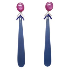 Art Deco Style Ruby Cabochons Gold Diamonds Blue Agate Enamel Drops Earrings