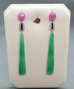 Art Deco Style Ruby Cabochons Gold Diamonds Enamels Trapeze Shape Jade Earrings