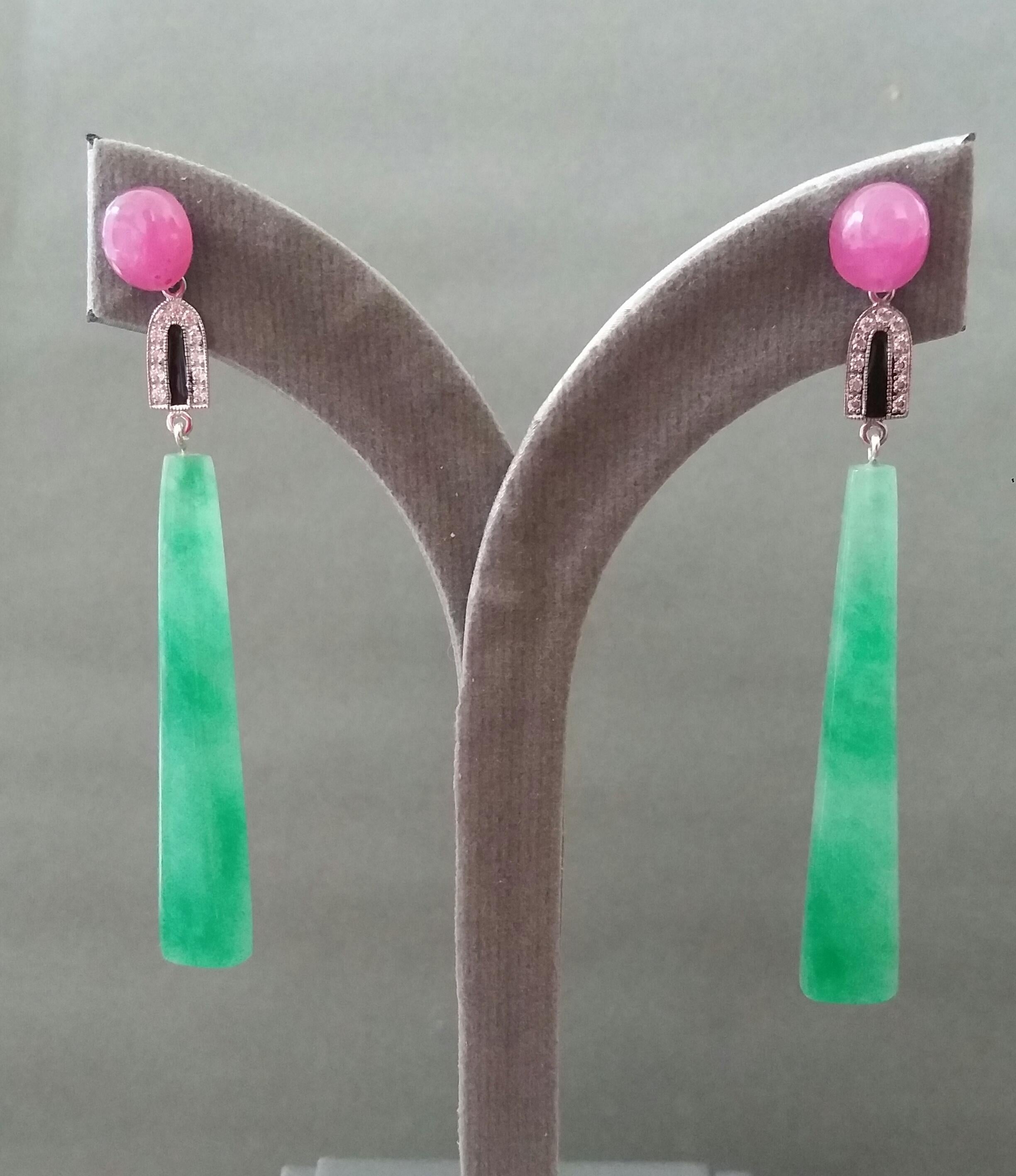 Art Deco Style Ruby Cabochons Gold Diamonds Enamels Trapeze Shape Jade Earrings For Sale 3