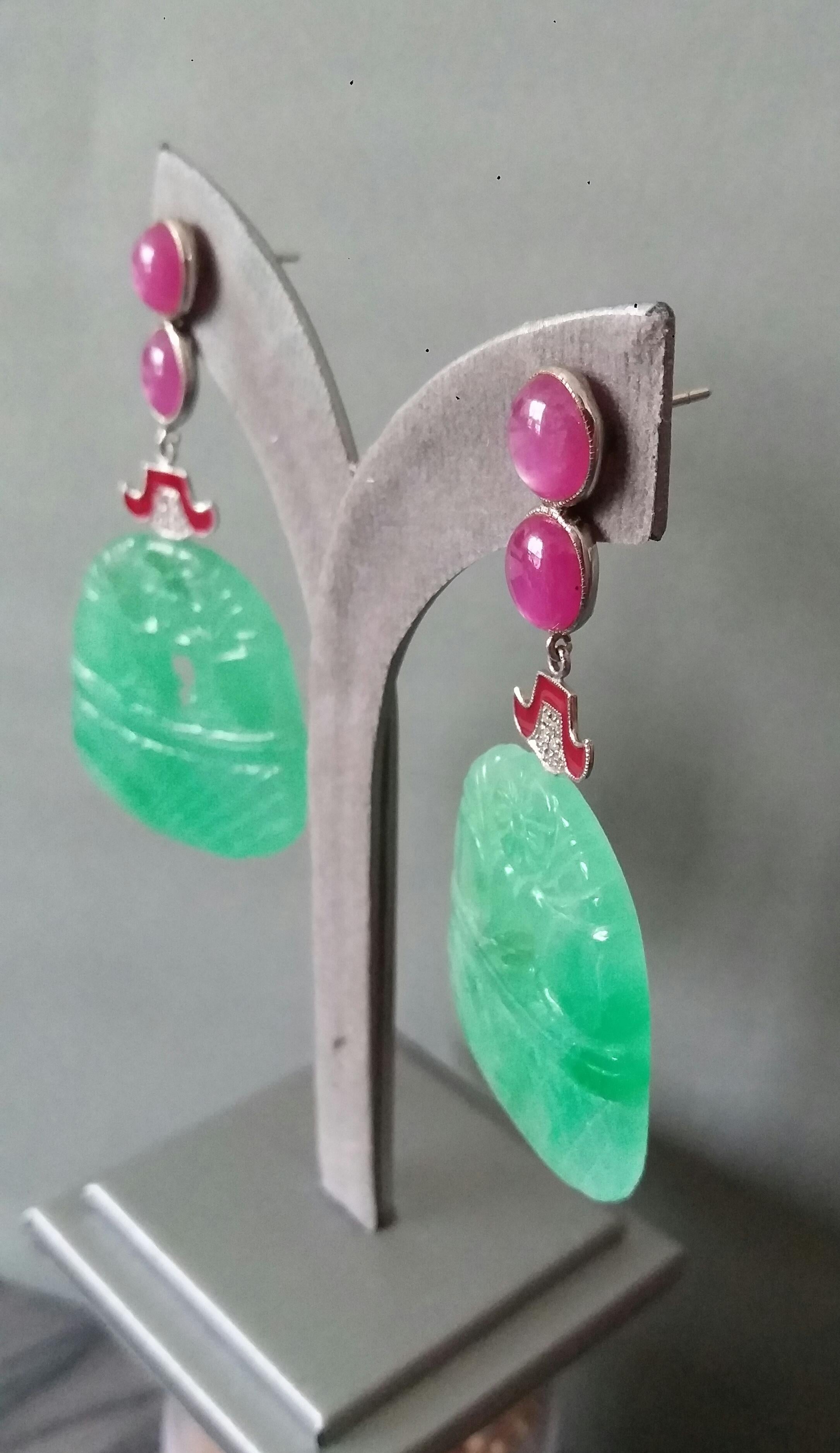 Art Deco Style Ruby Cabs 14 Kt Gold Diamonds Enamel Carved Jade Dangle Earrings For Sale 5