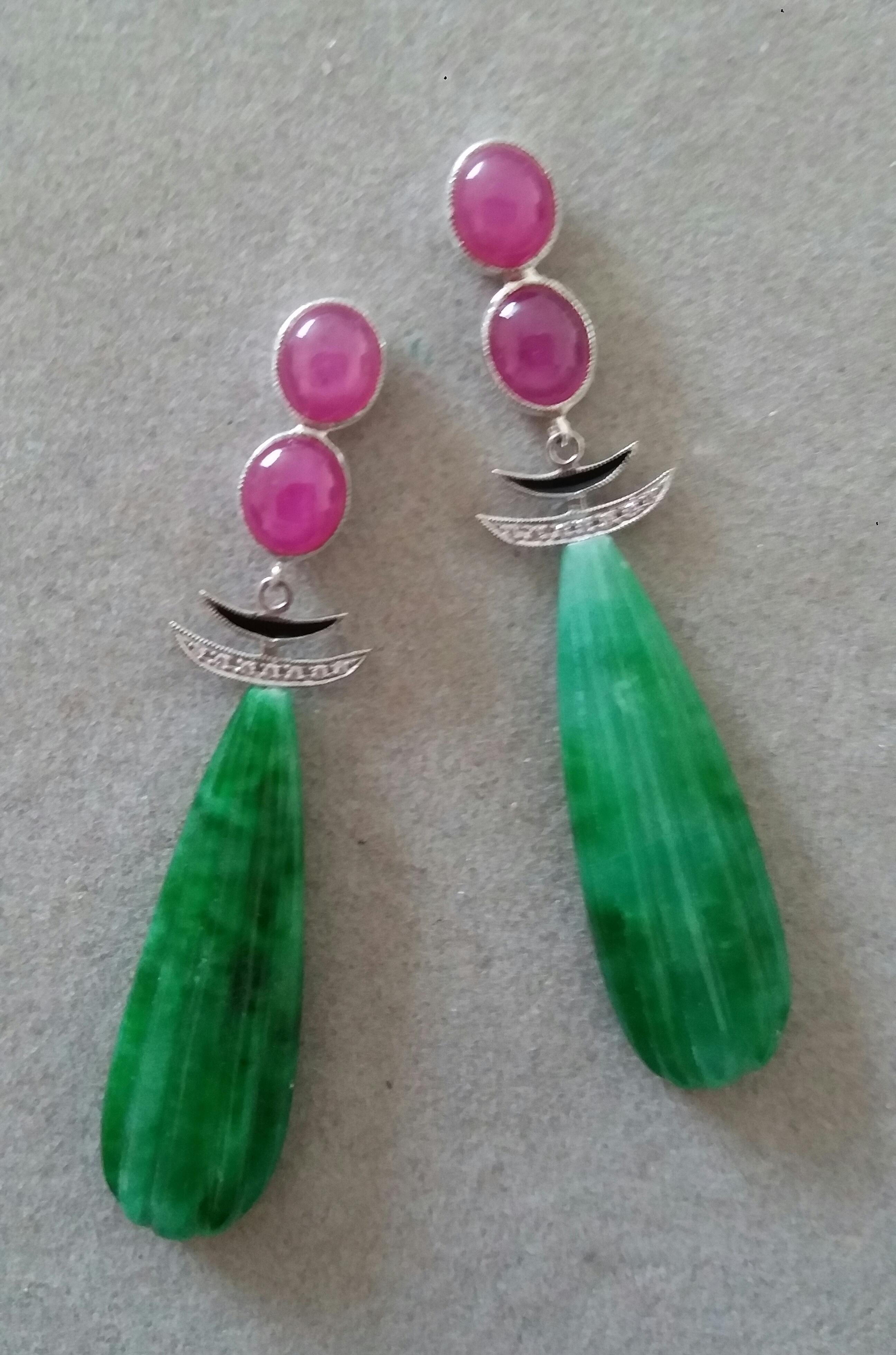 Mixed Cut Art Deco Style Ruby Cabs 14 Kt Gold Diamonds Enamel Carved Jade Dangle Earrings For Sale