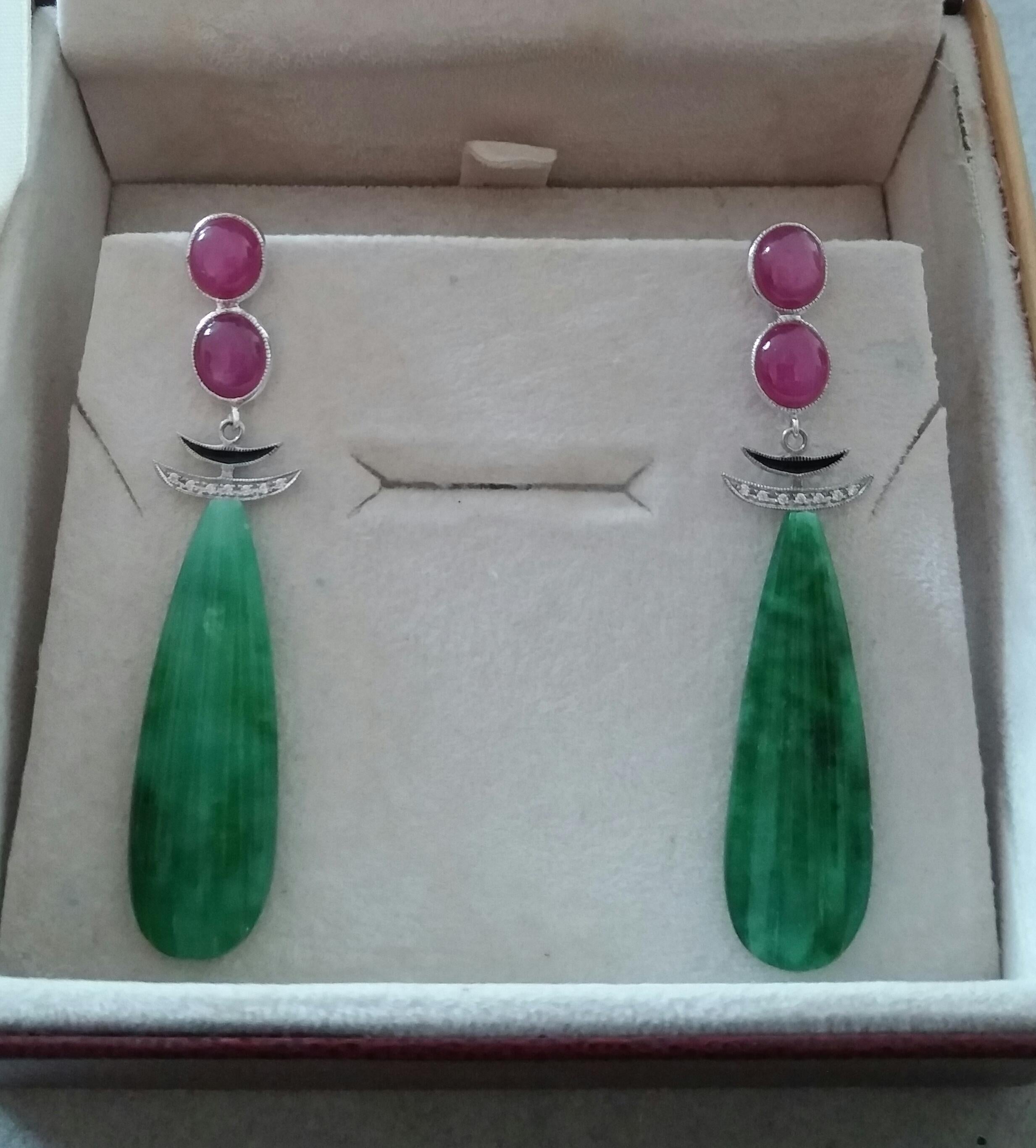 Art Deco Style Ruby Cabs 14 Kt Gold Diamonds Enamel Carved Jade Dangle Earrings For Sale 1