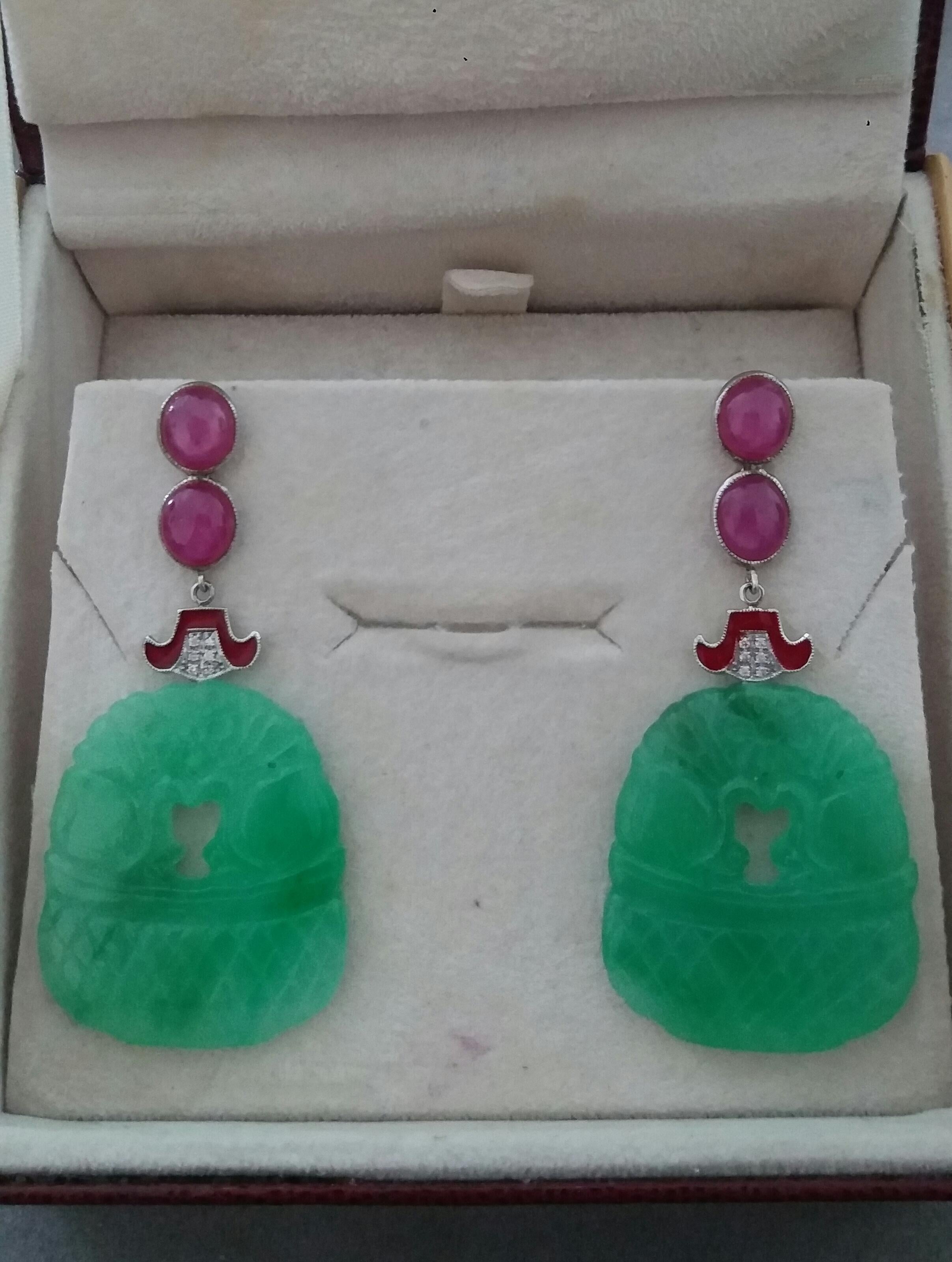 Art Deco Style Ruby Cabs 14 Kt Gold Diamonds Enamel Carved Jade Dangle Earrings For Sale 1