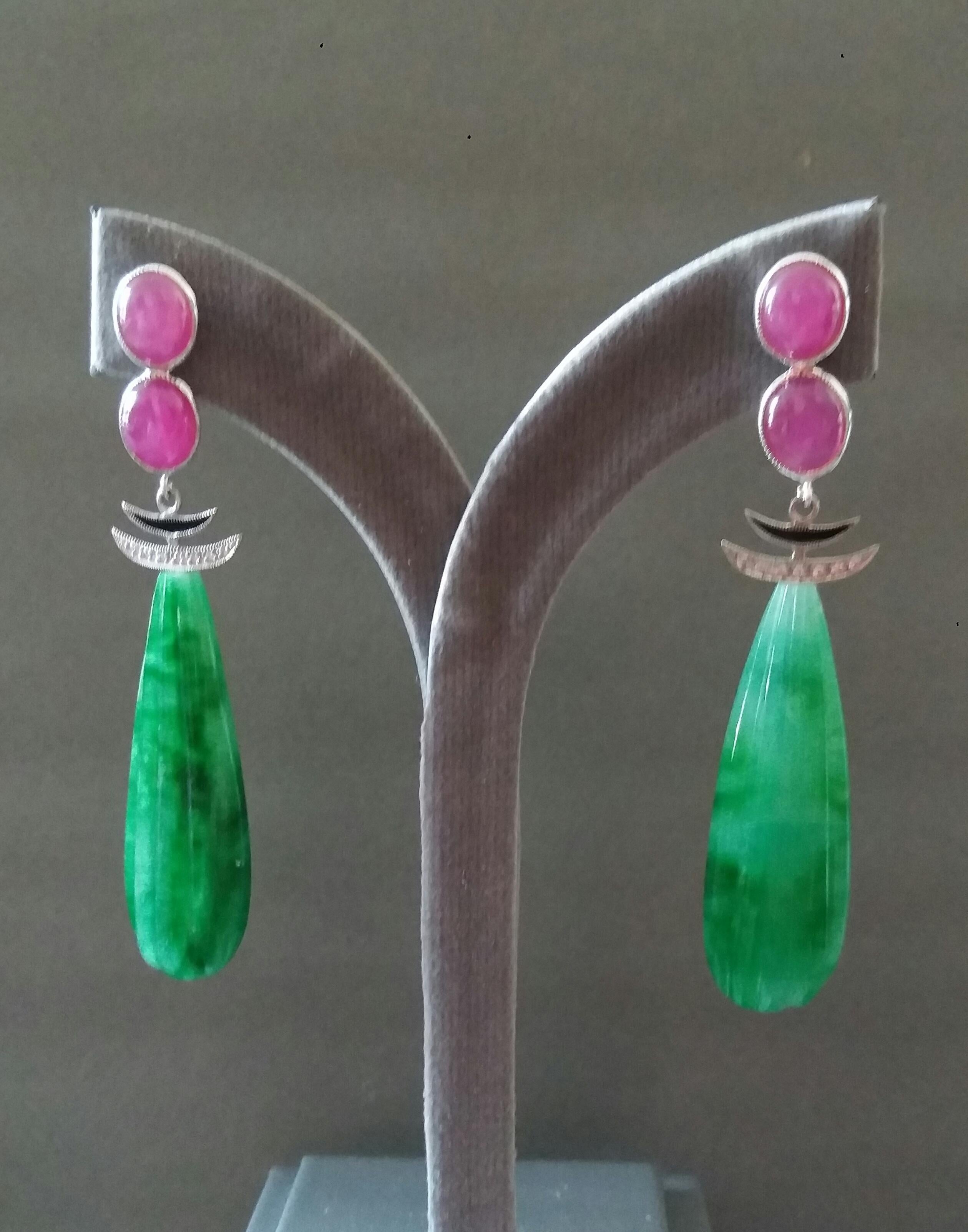 Art Deco Style Ruby Cabs 14 Kt Gold Diamonds Enamel Carved Jade Dangle Earrings For Sale 3