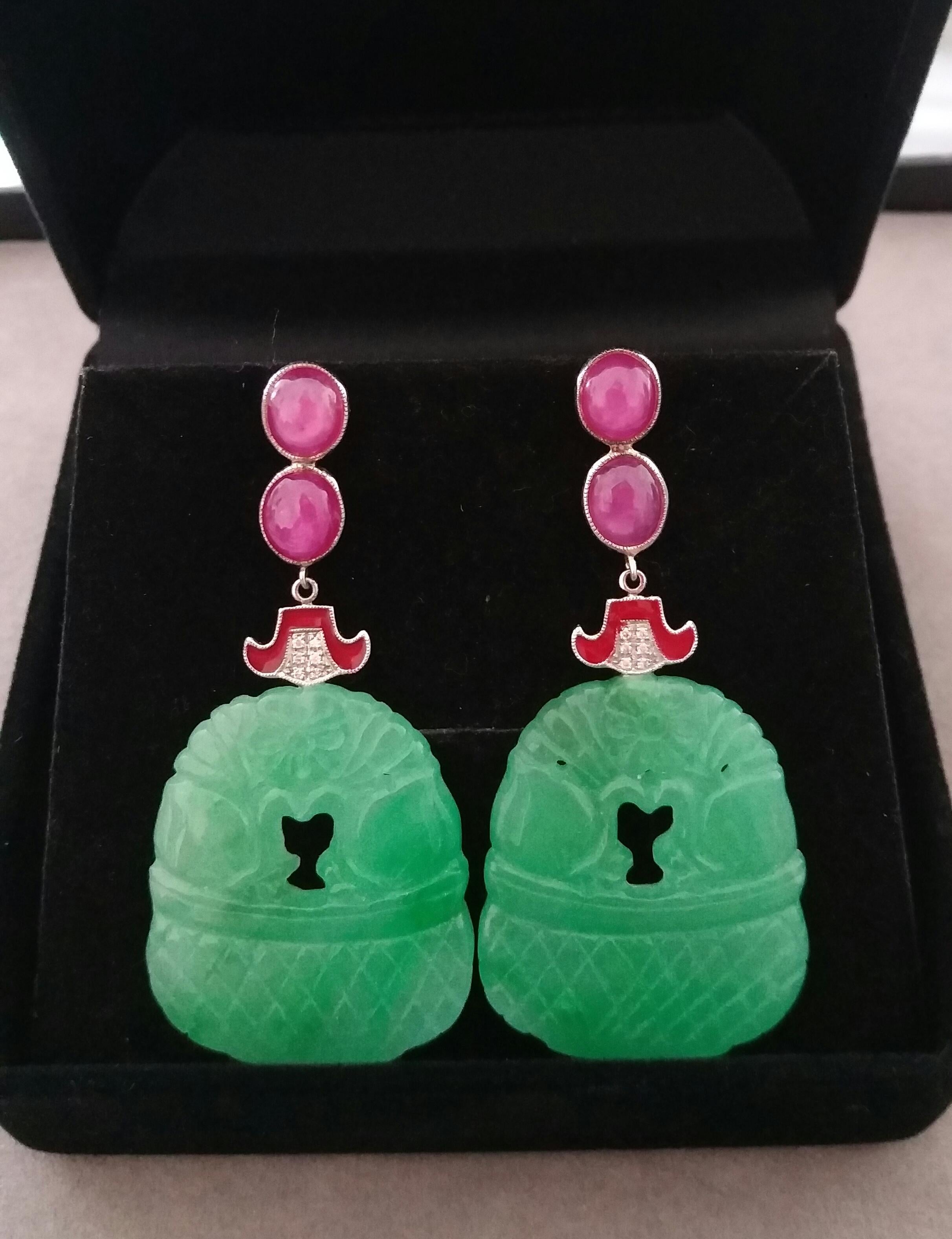 Art Deco Style Ruby Cabs 14 Kt Gold Diamonds Enamel Carved Jade Dangle Earrings For Sale 3