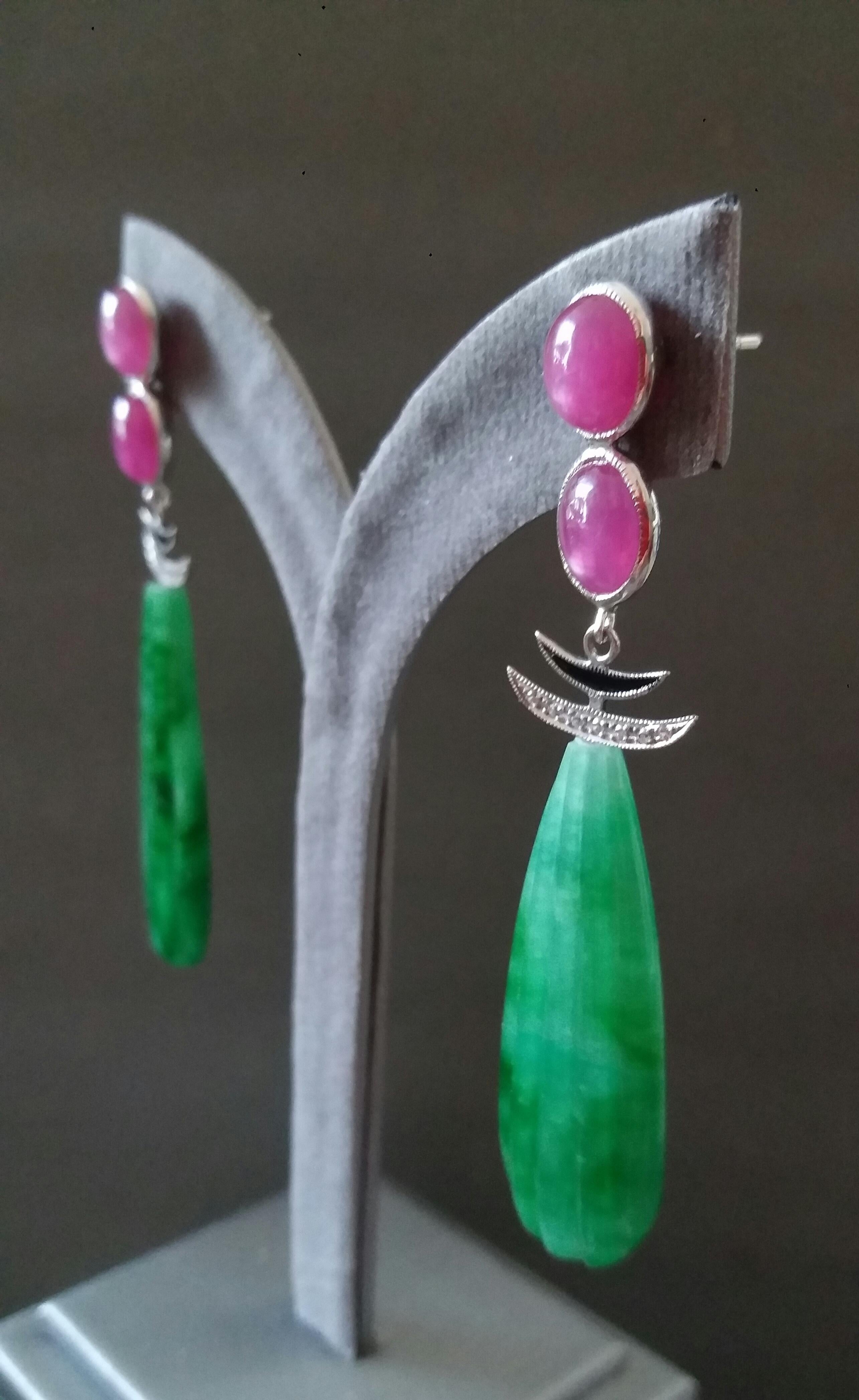 Art Deco Style Ruby Cabs 14 Kt Gold Diamonds Enamel Carved Jade Dangle Earrings For Sale 4