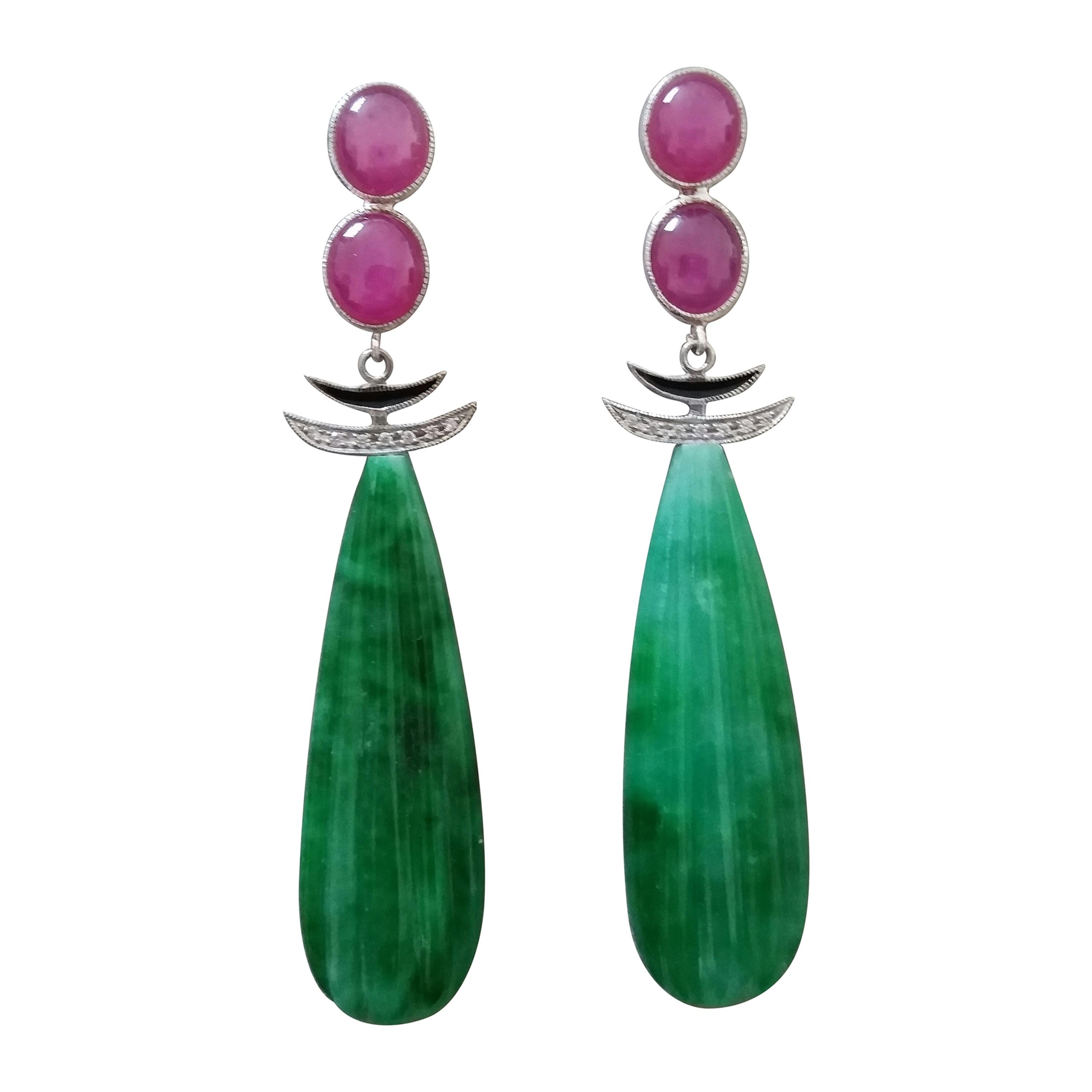 Art Deco Style Ruby Cabs 14 Kt Gold Diamonds Enamel Carved Jade Dangle Earrings For Sale