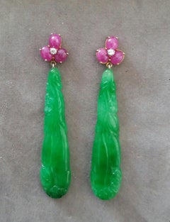 Art Deco Style Ruby Cabs 14K Yellow Gold Diamonds Carved Jades Dangle Earrings