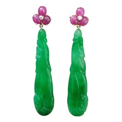 Art Deco Style Ruby Cabs 14K Yellow Gold Diamonds Carved Jades Dangle Earrings Art Deco Style Ruby Cabs 14K Yellow Gold Diamonds Carved Jades Dangle Earrings