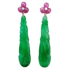 Art Deco Style Ruby Cabs 14K Yellow Gold Diamonds Carved Jades Dangle Earrings
