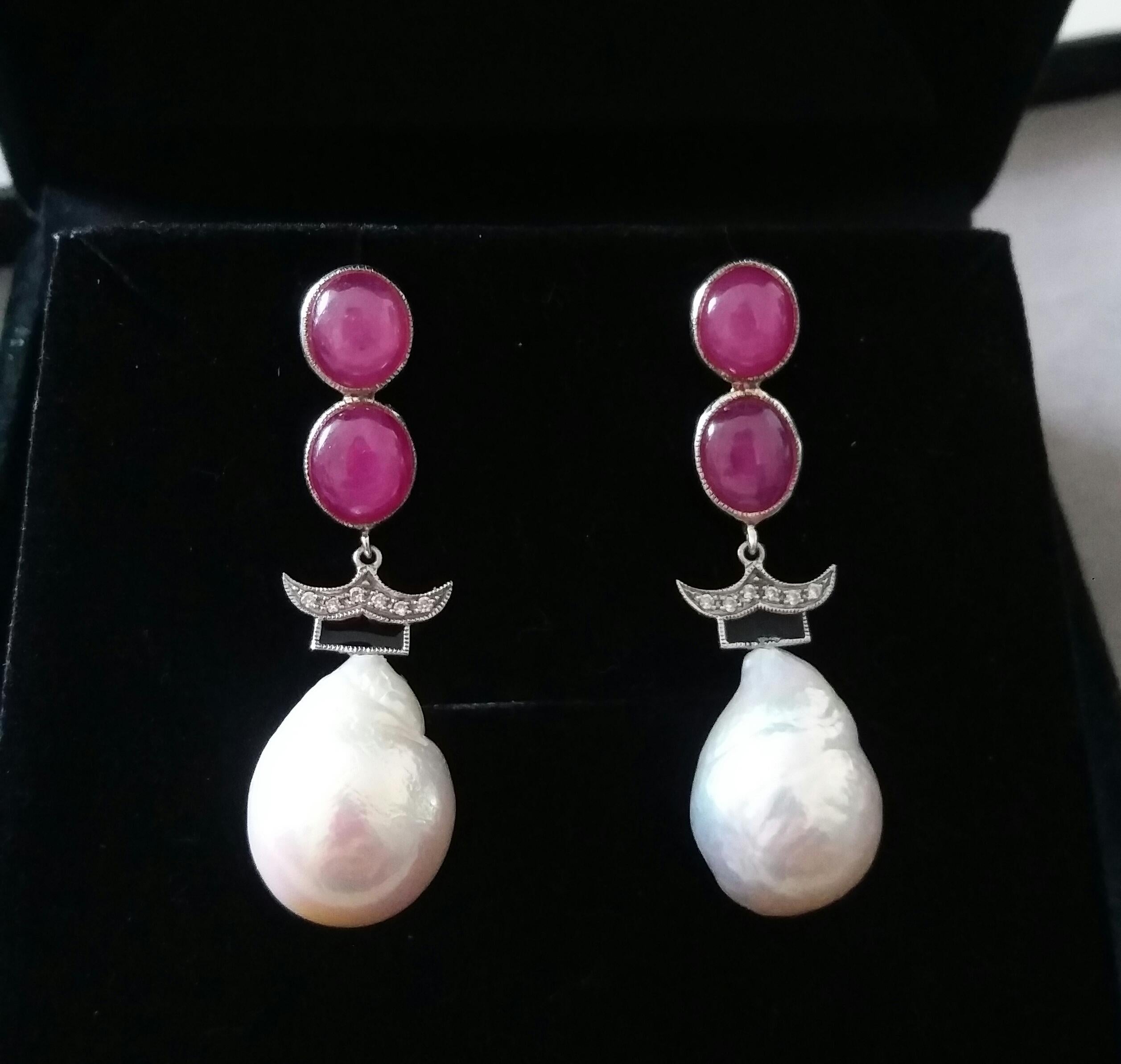 Art Deco Style Ruby Cabs Gold Diamonds Black Enamel Baroque Pearls Earrings For Sale 1