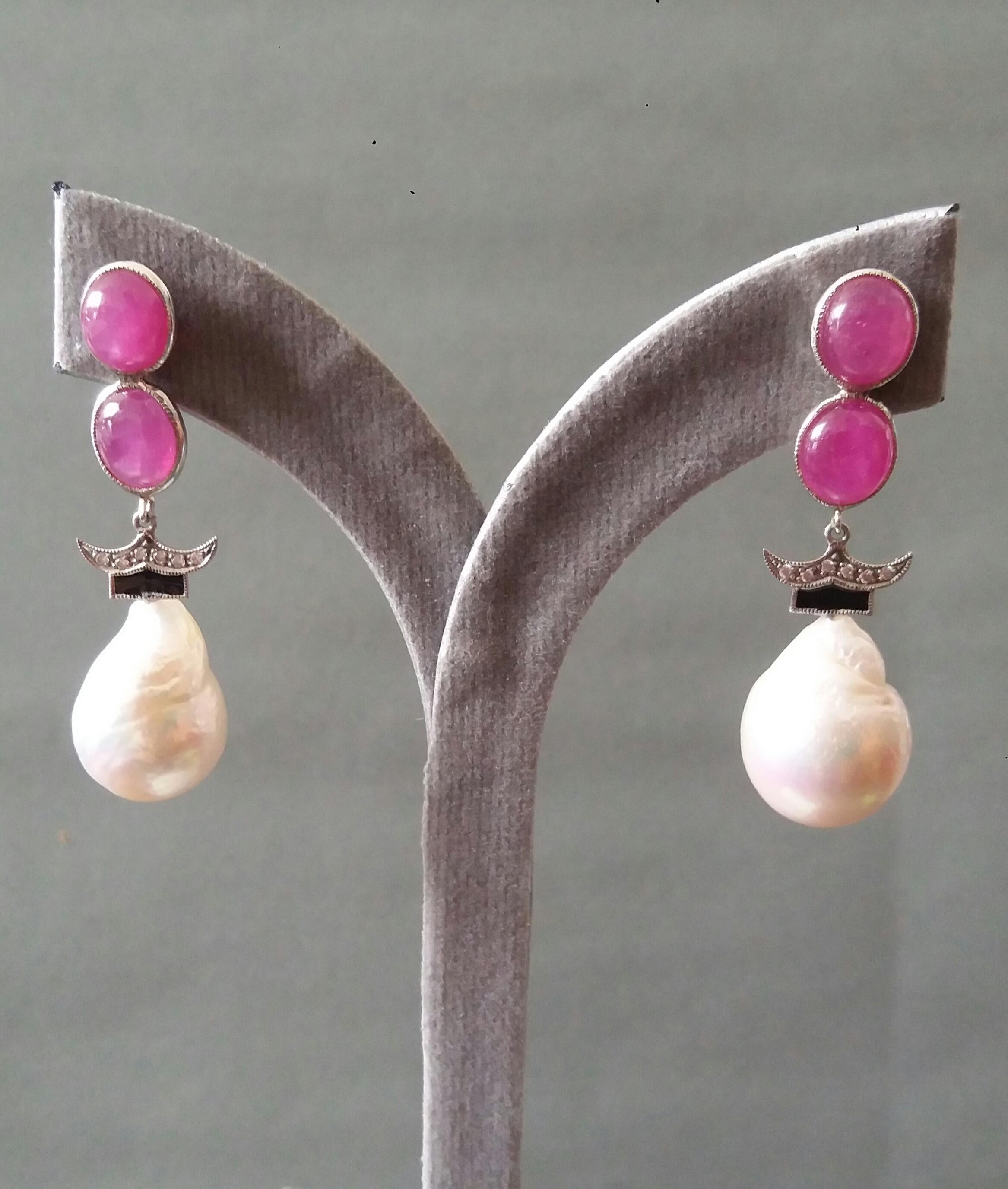Art Deco Style Ruby Cabs Gold Diamonds Black Enamel Baroque Pearls Earrings For Sale 3