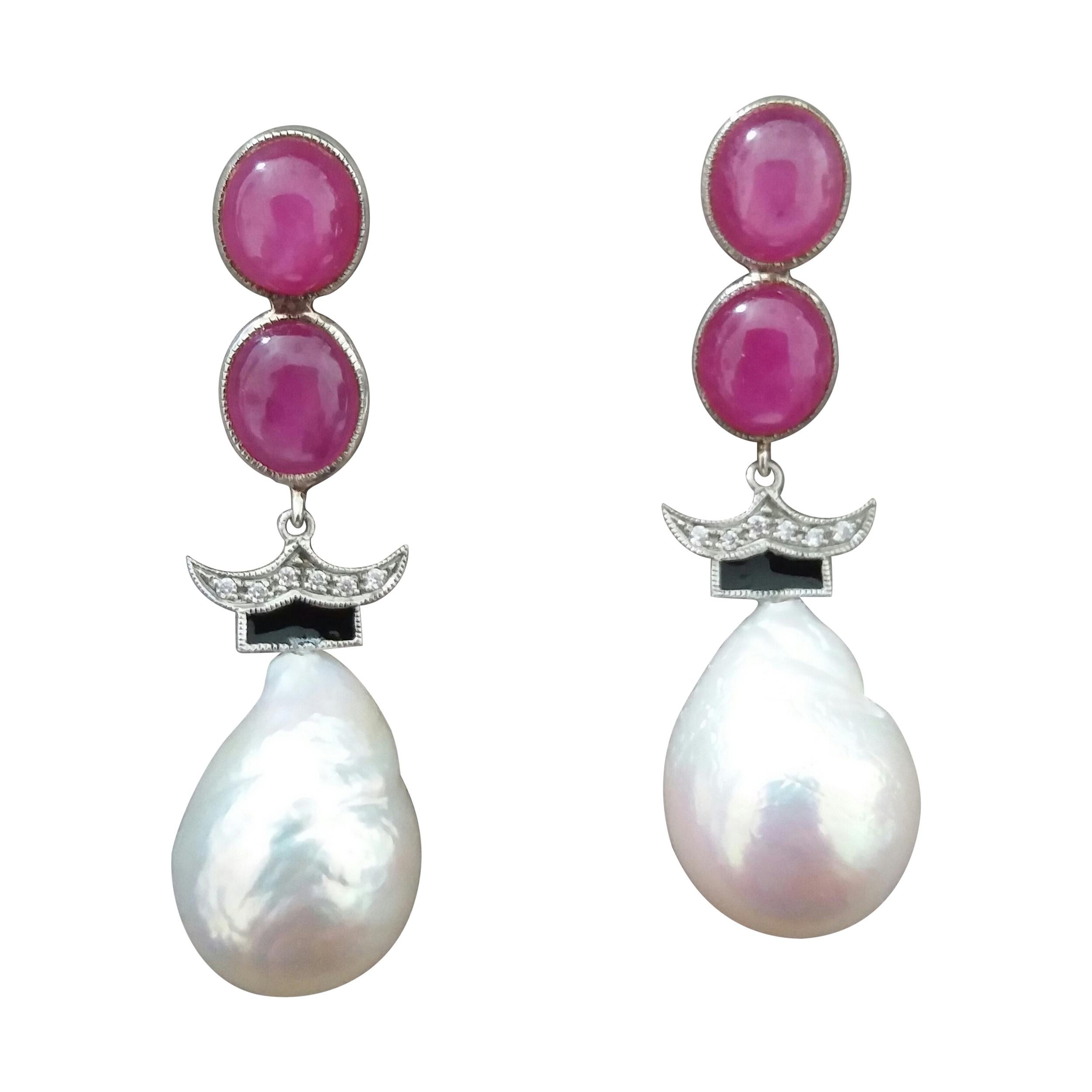 Art Deco Style Ruby Cabs Gold Diamonds Black Enamel Baroque Pearls Earrings For Sale