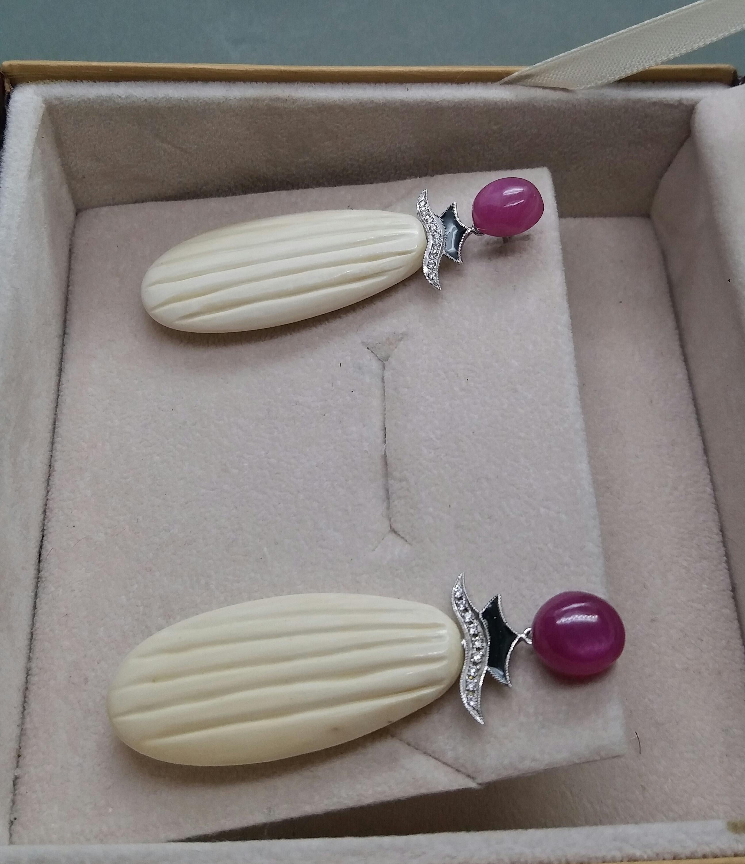 Art Deco Style Ruby Cabs Gold Diamonds Black Enamel Mammoth Bone Drops Earrings For Sale 4