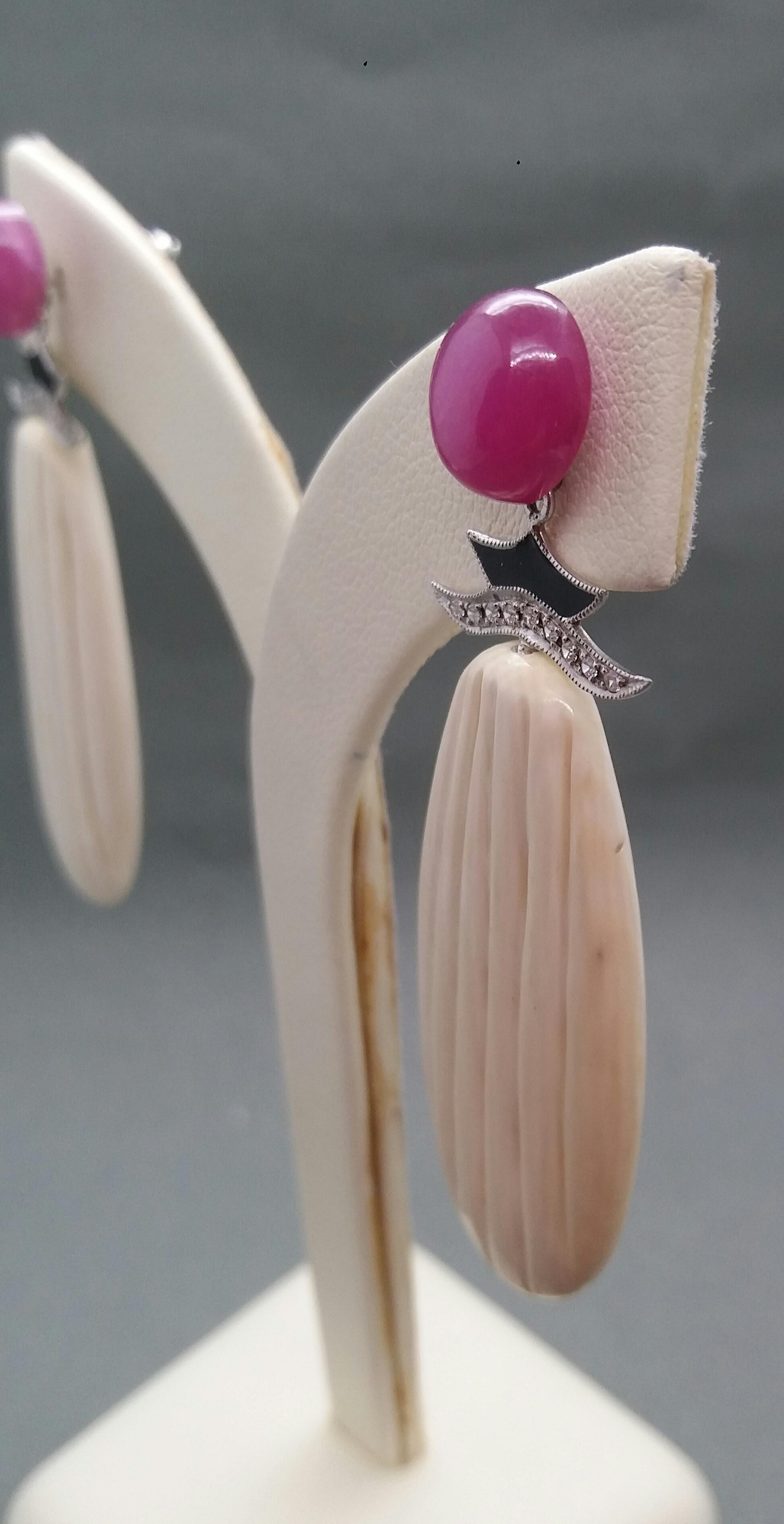 Orecchini con gocce di osso di mammut in stile Art Déco con rubino e diamanti in oro e smalto nero in vendita 7