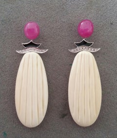 Art Deco Style Ruby Cabs Gold Diamonds Black Enamel Mammoth Bone Drops Earrings
